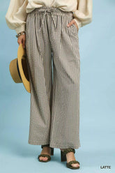 Umgee Drawstring Striped Wide-Leg Pants LATTE Trendsi