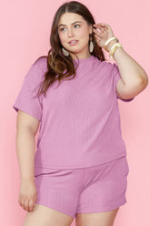 Plus Size Round Neck Short Sleeve Top and Shorts Set Pink OutfitFlow
