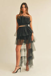 MABLE Tulle Tube Ruffle Crop Top and High Low Maxi Skirt Set Black OutfitFlow