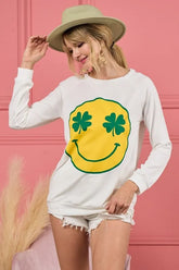 BiBi Smile Face Graphic Round Neck Long Sleeve Top IVORY OutfitFlow
