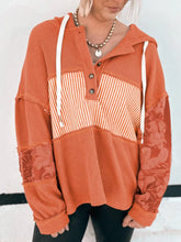 Waffle Knit Color Block Striped Drawstring Hoodie Tangerine OutfitFlow