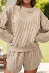 Quilted Round Neck Long Sleeve Top and Shorts Set Dust Storm OutfitFlow