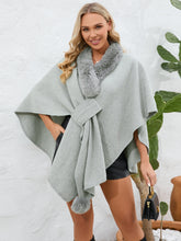 Fuzzy Trim Open Front Poncho Gray One Size OutfitFlow
