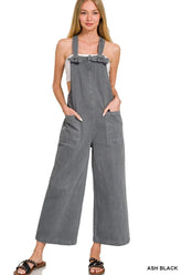 Zenana Washed Knot Strap Pockets Jumpsuit ASH BLACK OutfitFlow