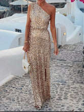Sequin One-Shoulder Slit Maxi Dress Beige OutfitFlow