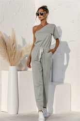 Single Shoulder Short Sleeve Jumpsuit Gray OutfitFlow