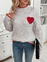 Perfee Contrast Heart Round Neck Long Sleeve Sweater Light Gray OutfitFlow