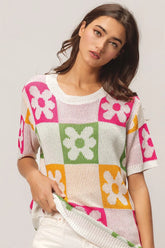 BiBi Flower Checker Pattern Lightweight Sweater Top IVRY FUCH OLIVE MUST OutfitFlow