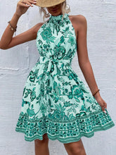 Printed Tie Waist Mini Dress Green OutfitFlow