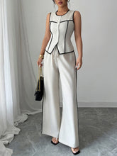 Contrast Piping Round Neck Top and Wide-Leg Pants Set Apricot OutfitFlow