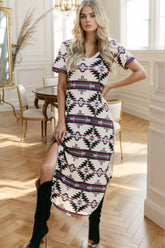 Aztec Print V-Neck Midi Dress Beige OutfitFlow