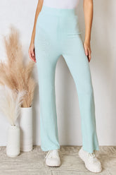 RISEN Full Size High Waist Ultra Soft Knit Flare Pants Mint OutfitFlow