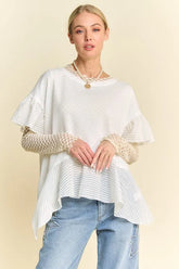 Davi & Dani Waffle Knit Bodice Ruffle Bottom Detail Top White OutfitFlow