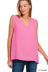 Zenana Double Gauze Raw Edge V-Neck Tank LT FUCHSIA OutfitFlow