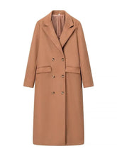Double-Breasted Lapel Collar Long Coat Caramel OutfitFlow
