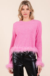 Mittoshop Feather Trim Long Sleeve Crop Hacci Knit Top Bubble Gum OutfitFlow