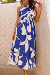 Ruched Printed Single Shoulder Dress Blue OutfitFlow