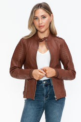 Snobbish PU Leather Biker Jacket with Side Zip Pockets Brandy OutfitFlow