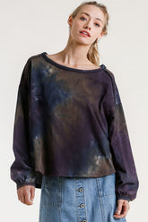 Umgee Full Size Tie Dye Round Neck Long Balloon Sleeve Top Plus Size FOREST GREEN OutfitFlow