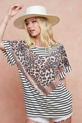 BiBi Stripe Rayon Span Knit Color Block Top With Leopard IVORY BLACK OutfitFlow