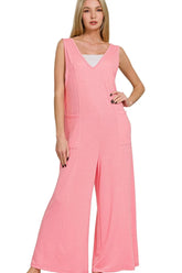 Zenana French Terry Deep V Neck Jumpsuits DK PINK OutfitFlow