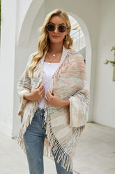Multicolored Fringe Trim Poncho Tan One Size OutfitFlow
