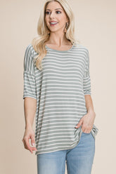 BOMBOM Striped Round Neck T-Shirt Sage OutfitFlow
