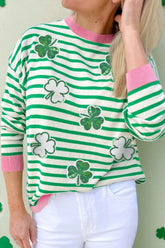 Striped Lucky Clover Long Sleeve Sweatshirt Gum Leaf OutfitFlow