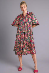 Umgee Full Size Paisley Print Satin Tiered Midi Dress Plus Size TEALGREEN OutfitFlow
