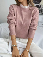 Lace Trim Button Detail Openwork Long Sleeve Sweater Dusty Pink OutfitFlow