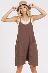 Mittoshop Scoop Neck Spaghetti Strap Overalls with Pockets Brown OutfitFlow