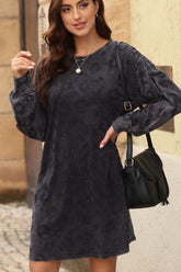 Leopard Round Neck Long Sleeve Dress Black OutfitFlow