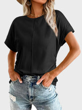 Ruched Round Neck Short Sleeve T-Shirt Black OutfitFlow