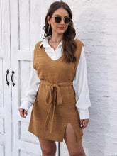 Tie Front V-Neck Sleeveless Slit Sweater Dress Camel OutfitFlow