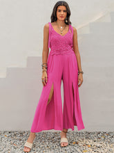V-Neck Wide Strap Slit Jumpsuit Hot Pink OutfitFlow