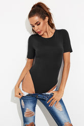 Round Neck Short Sleeve Bodysuit Black OutfitFlow