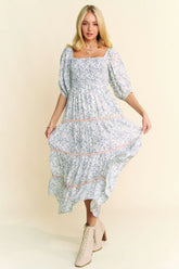 Davi & Dani Contrast Ric Smocking Bodice Tiered Midi Dress BLUE OutfitFlow