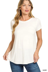 Zenana Flowy Round Hem Rayon Short Sleeve T-Shirt IVORY OutfitFlow