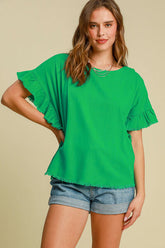 Umgee Full Size Raw Hem Ruffle Short Sleeve Blouse Plus Size Green OutfitFlow