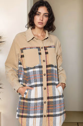Pocketed Plaid Long Sleeve Mini Shirt Dress Khaki OutfitFlow