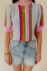 Color Block Short Sleeve Striped Crochet Knit Top Multicolor OutfitFlow