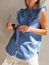 Mineral Wash Cap Sleeve Frilled Button Up Denim Shirt Dusty Blue OutfitFlow