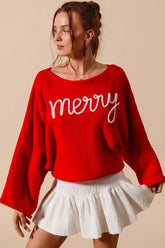 SO ME Merry Tinsel Lettering Christmas Sweater Top RED IVORY OutfitFlow