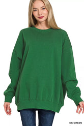 Zenana Oversized Round Neck Fleece Tunic Sweatshirt DK GREEN OutfitFlow