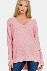 Zenana High-Low Center Seam V-Neck Sweater Dusty Pink OutfitFlow