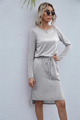 Drawstring Waist Round Neck Long Sleeve Dress Light Gray OutfitFlow