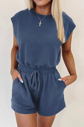 Round Neck Drawstring Waist Romper Dusty Blue OutfitFlow