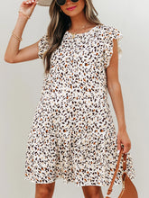 Leopard Ruffled Flutter Sleeve Keyhole Back Mini Dress Beige OutfitFlow