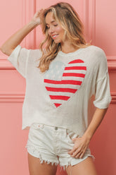 BiBi Striped Heart Contrast Knit Top Off White OutfitFlow