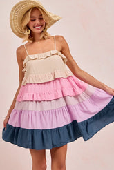 BiBi Color Blocked Tiered Dress CREAM PINK LILC TEAL OutfitFlow